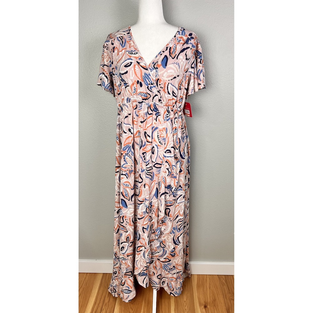 Isabel Womens Wrap Dress Pink Maxi Floral Stretch Short Sleeve Maternity S NWT